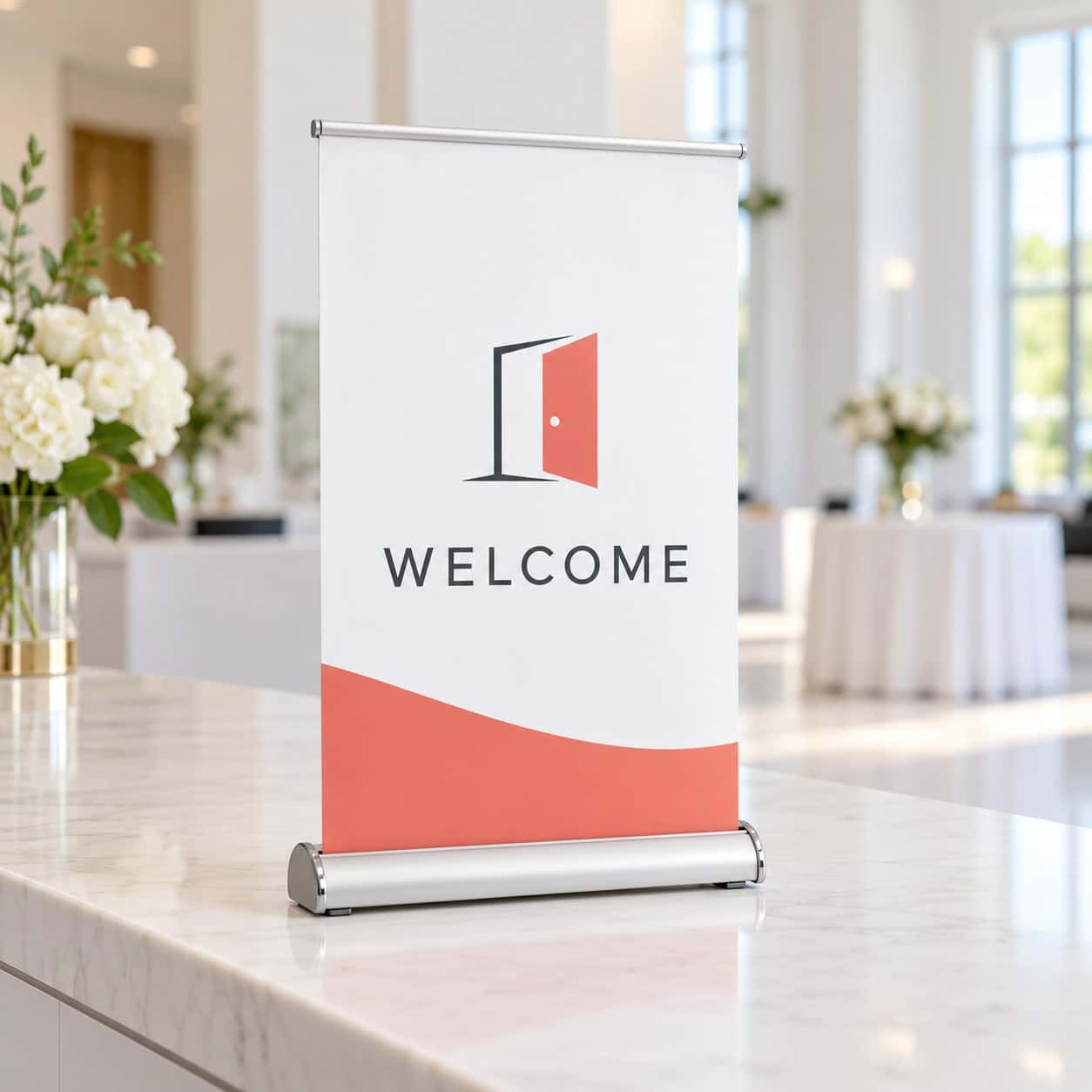 Mini Desktop Roll-Up Banner (A4) shown with hospitality and visitor services event artwork.
