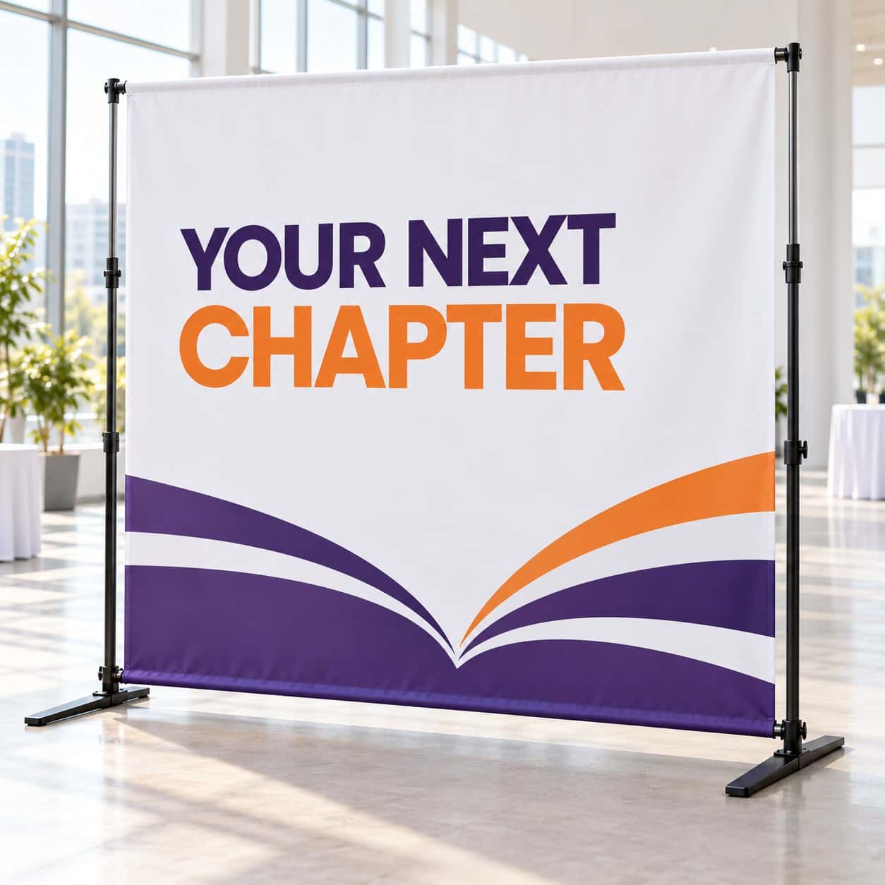 Telescopic Banner Stand shown with training and recruitment event artwork.