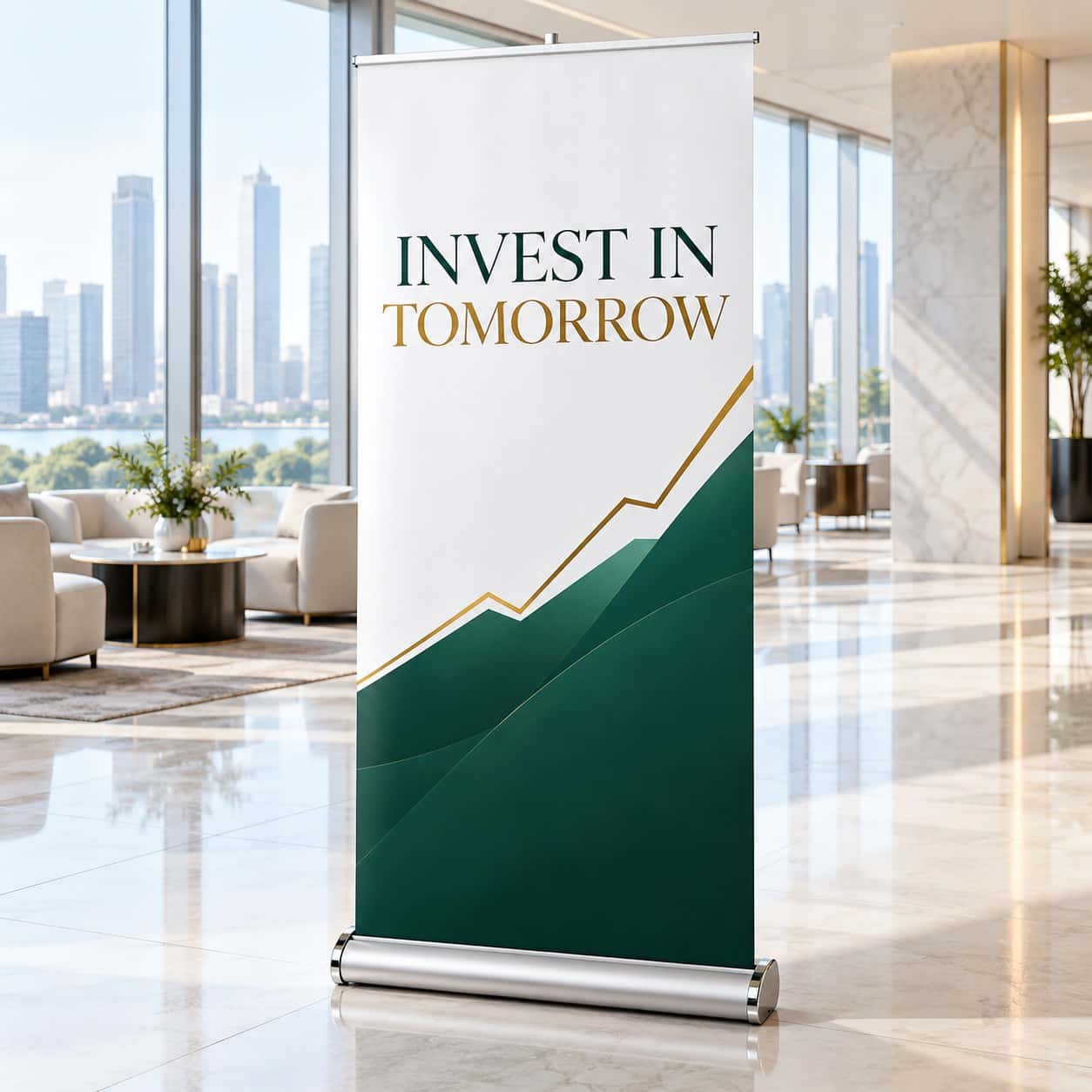 Premium Aluminium Roll-Up Banner shown with finance and investment event artwork.