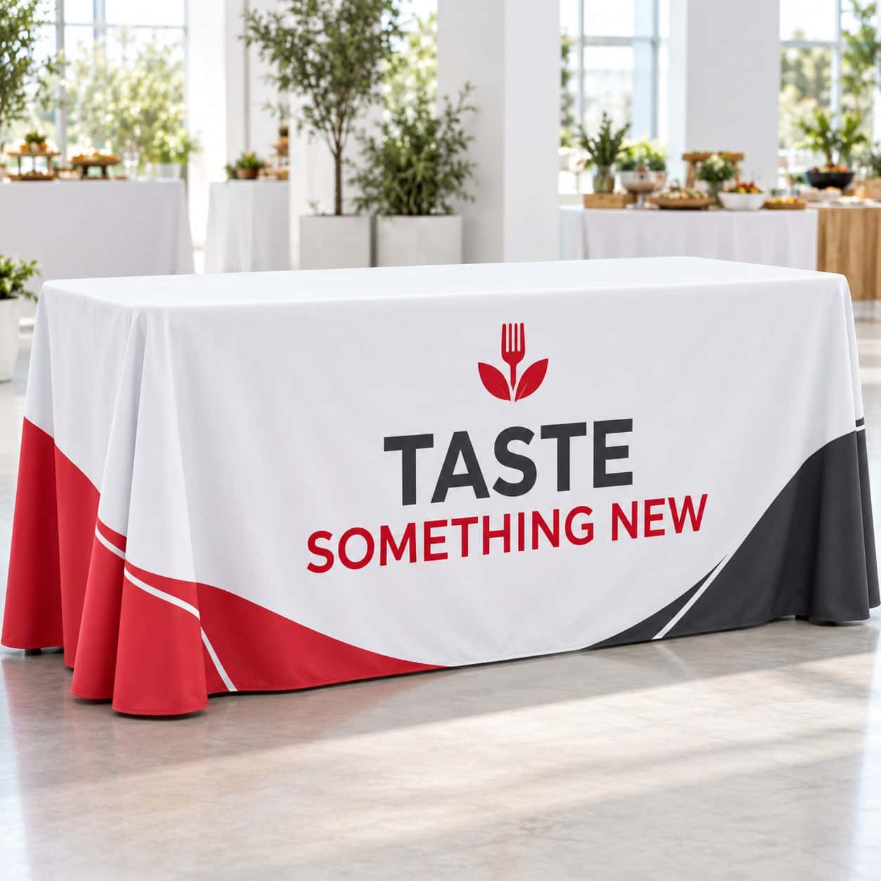 Table Throw Banner shown with food and beverage event artwork.