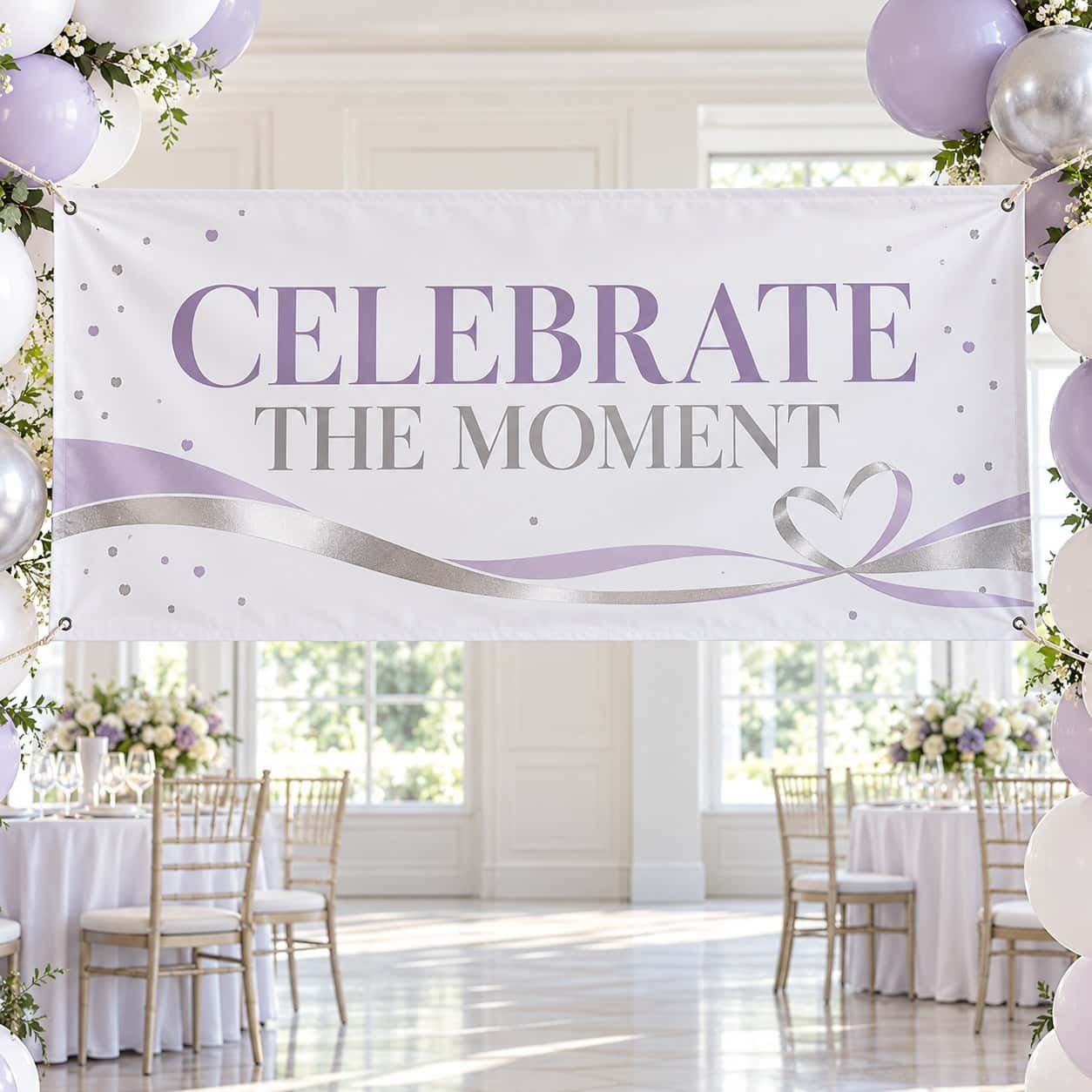 Balloon Arch Banner shown with milestone celebrations event artwork.
