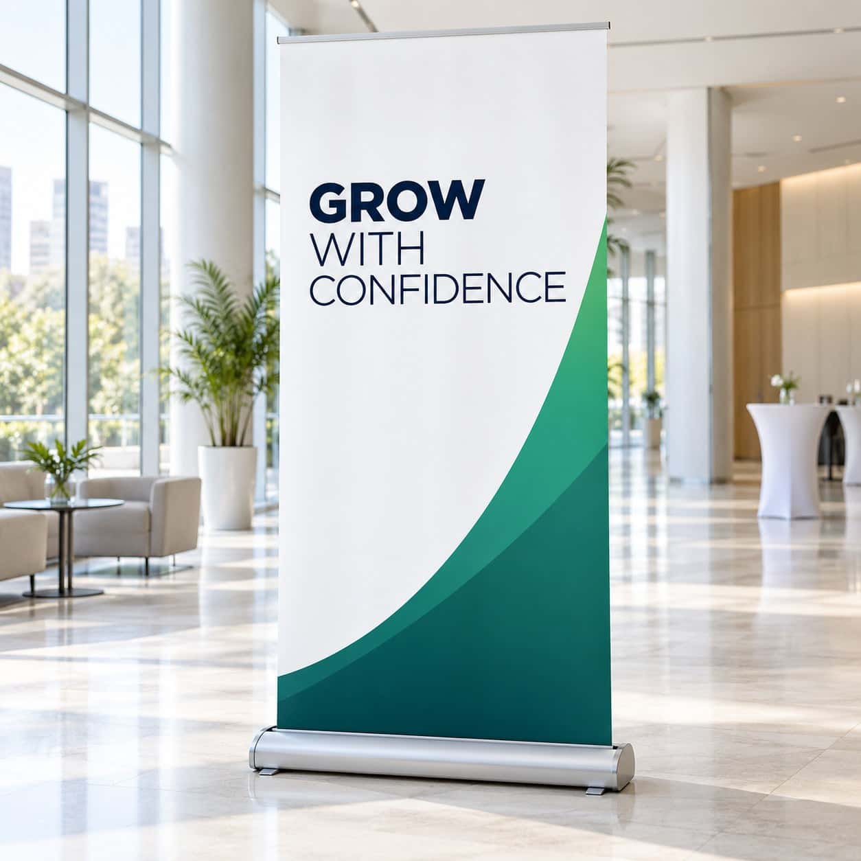 Wide-Base Roll-Up Banner (85×200cm) shown with banking and business events event artwork.