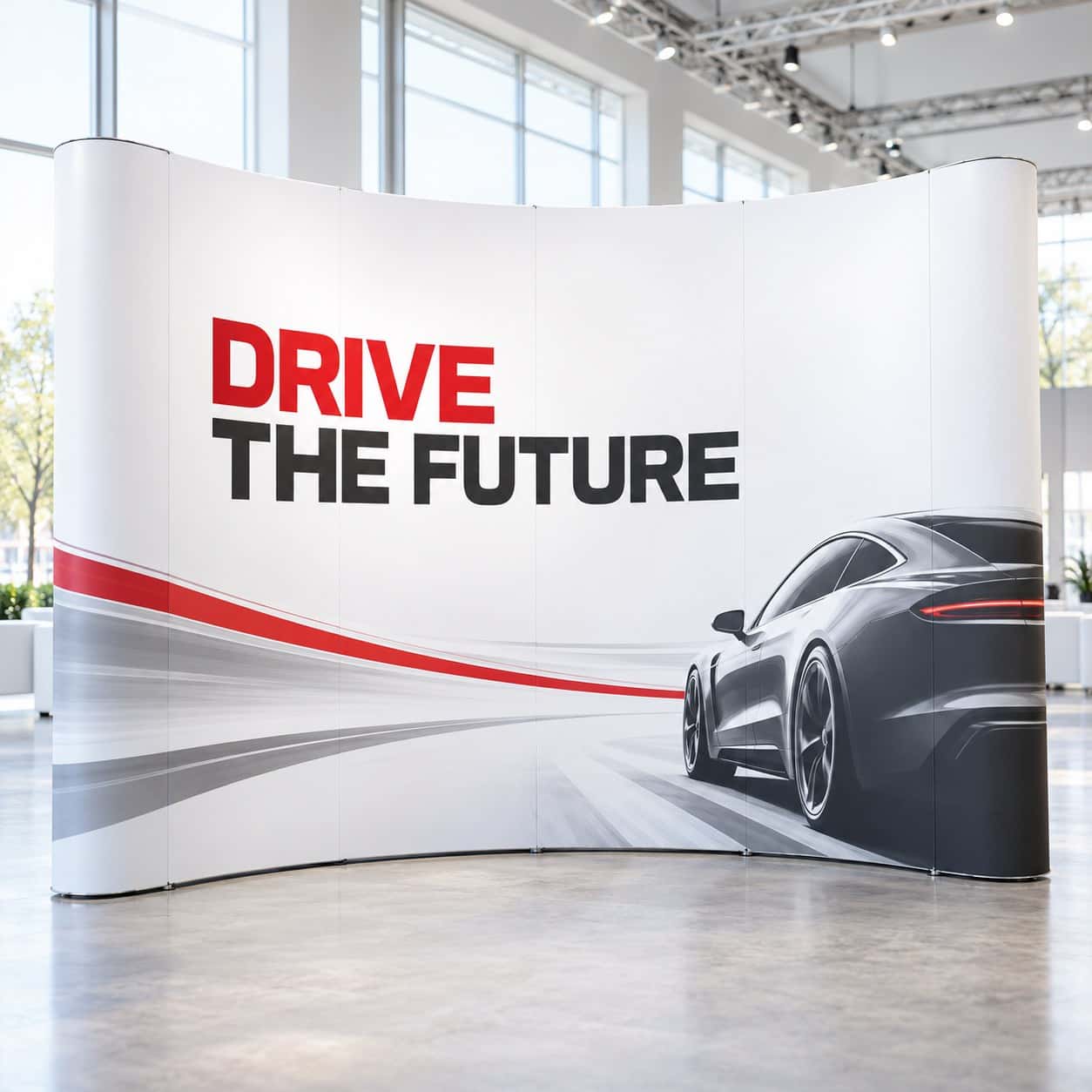 Pop-Up Backdrop Wall (Curved/Straight) shown with automotive exhibitions event artwork.