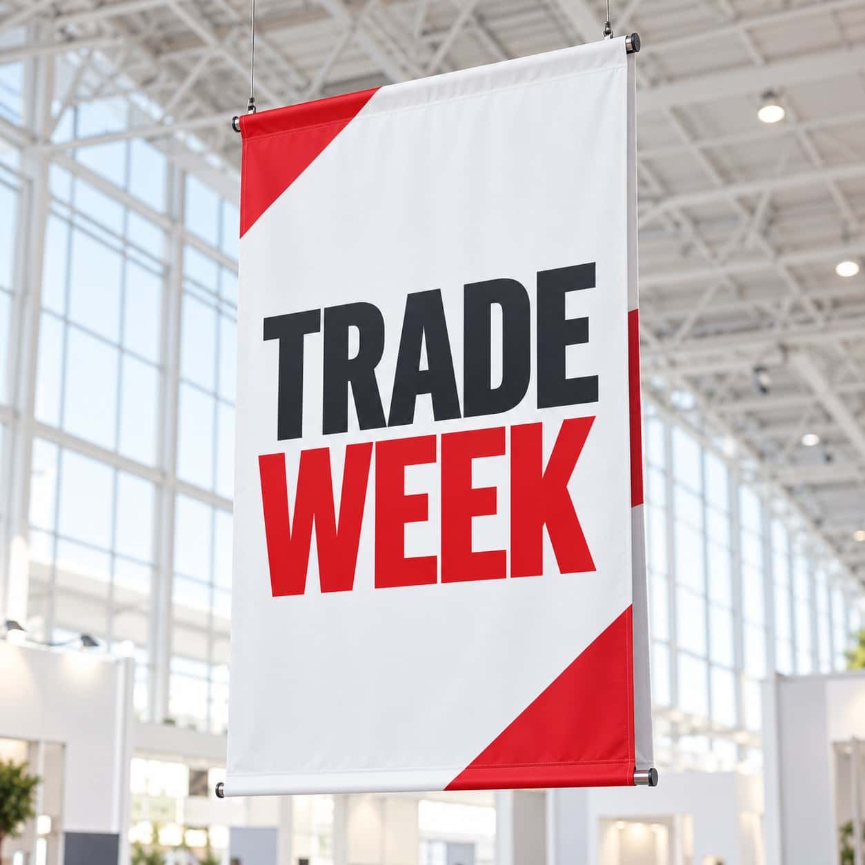 Double-Sided Hanging Banner shown with retail and trade event artwork.