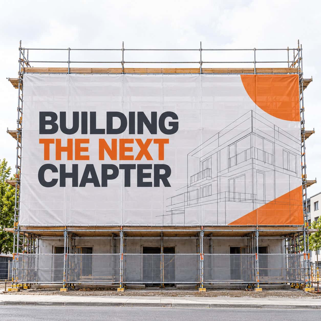 Scaffolding Wrap shown with construction and property event artwork.