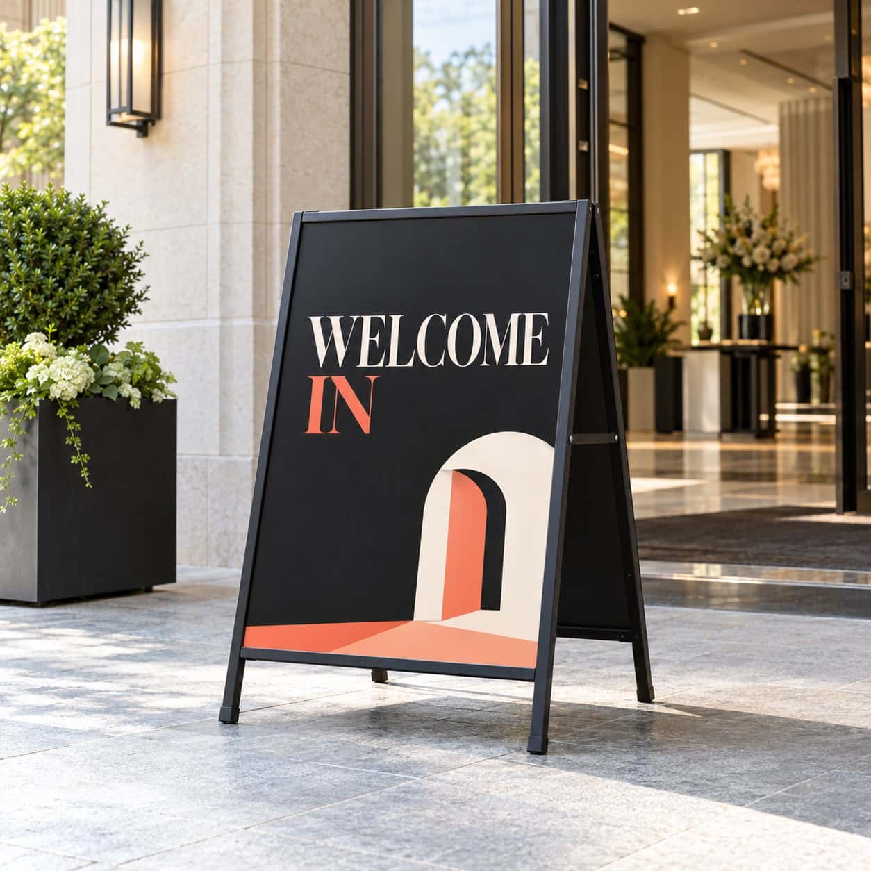 A-Frame / Sidewalk Sign shown with hospitality event artwork.
