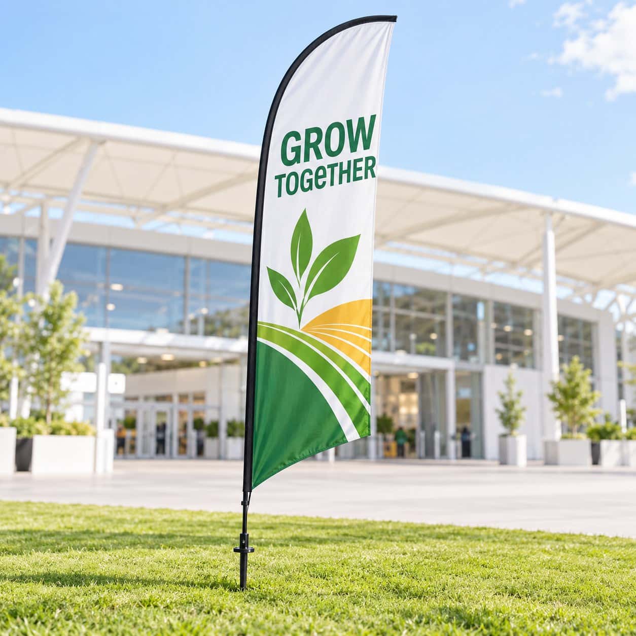 Feather Flag (Teardrop & Blade) shown with agriculture event artwork.