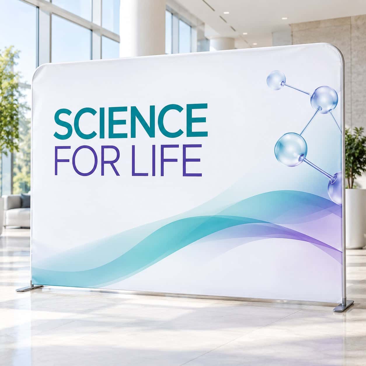 Tension Fabric Backdrop shown with pharmaceutical and life sciences event artwork.