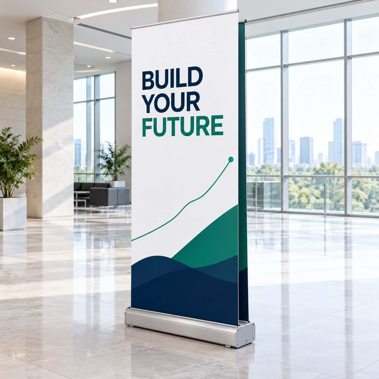 Double-Sided Roll-Up Banner shown with banking and financial services event artwork.