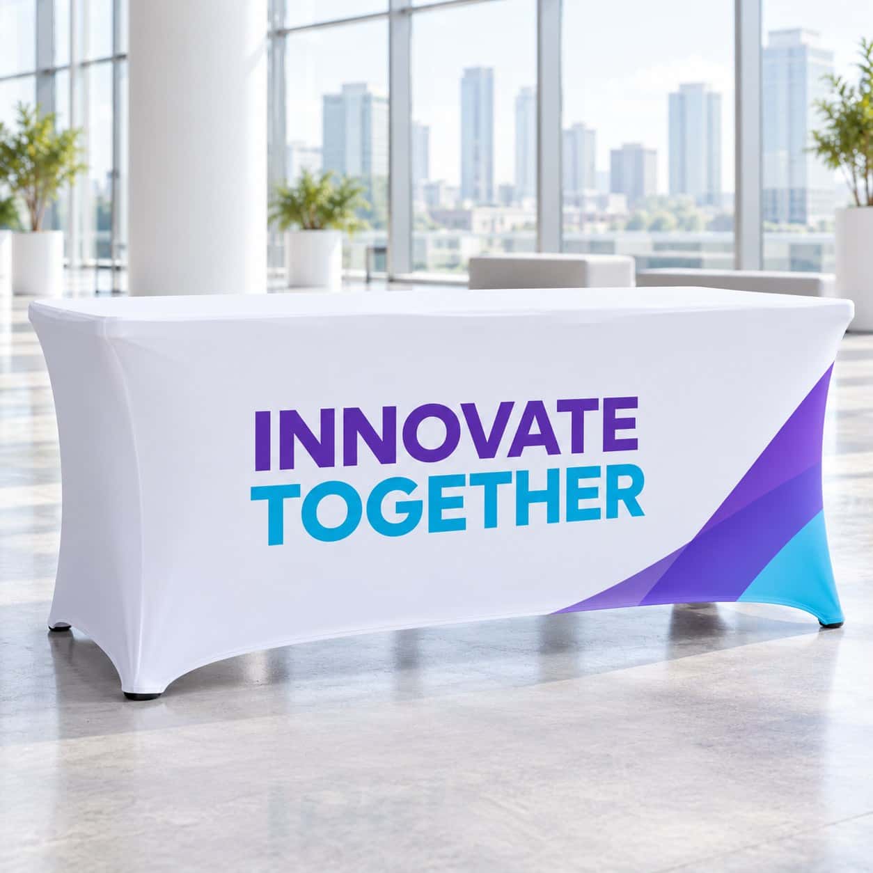 Fitted Stretch Table Cover shown with technology and innovation event artwork.