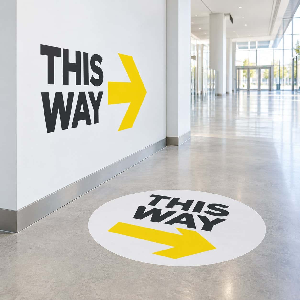 Wall Decals & Floor Graphics shown with exhibition wayfinding event artwork.
