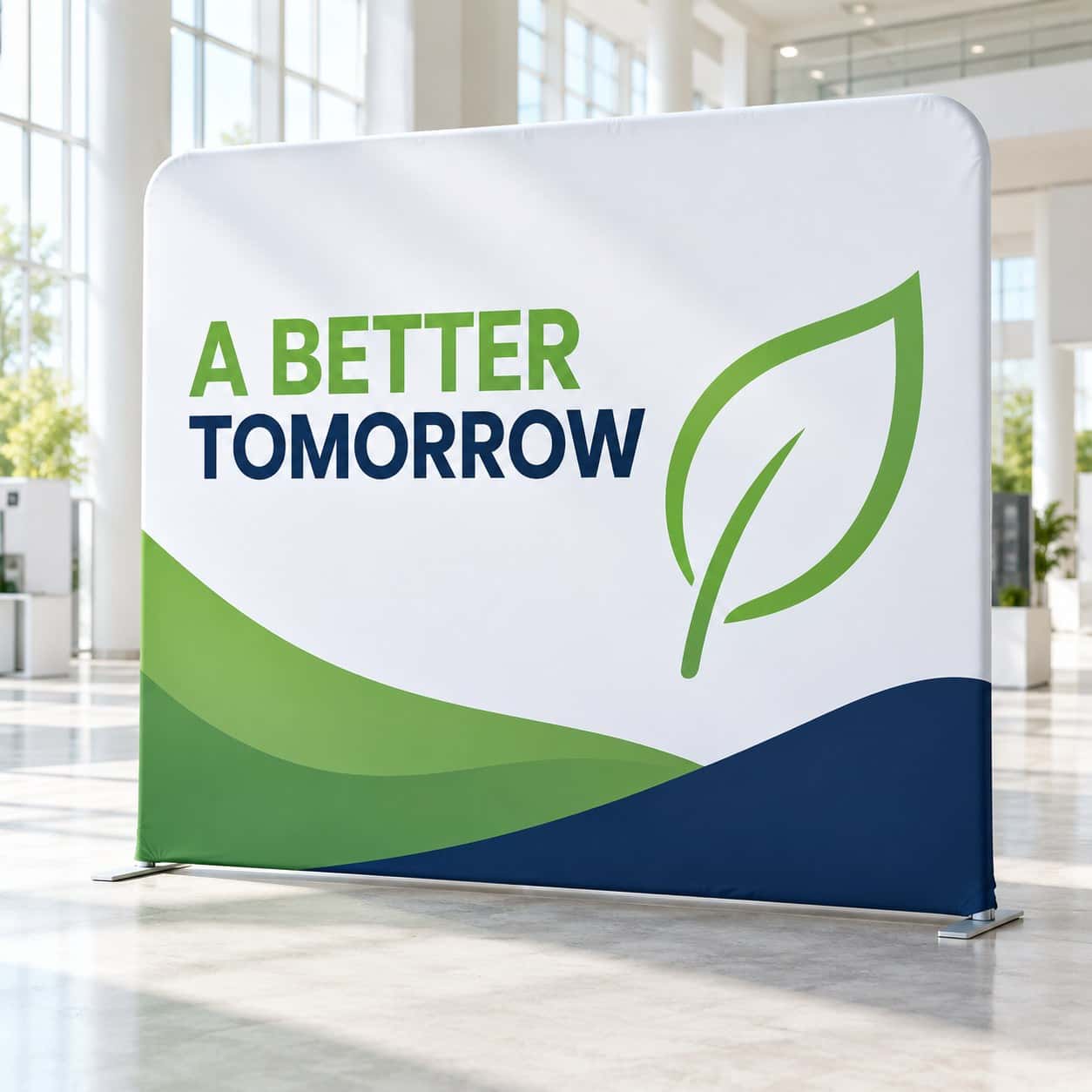 Tension Fabric Display shown with sustainability and environment event artwork.