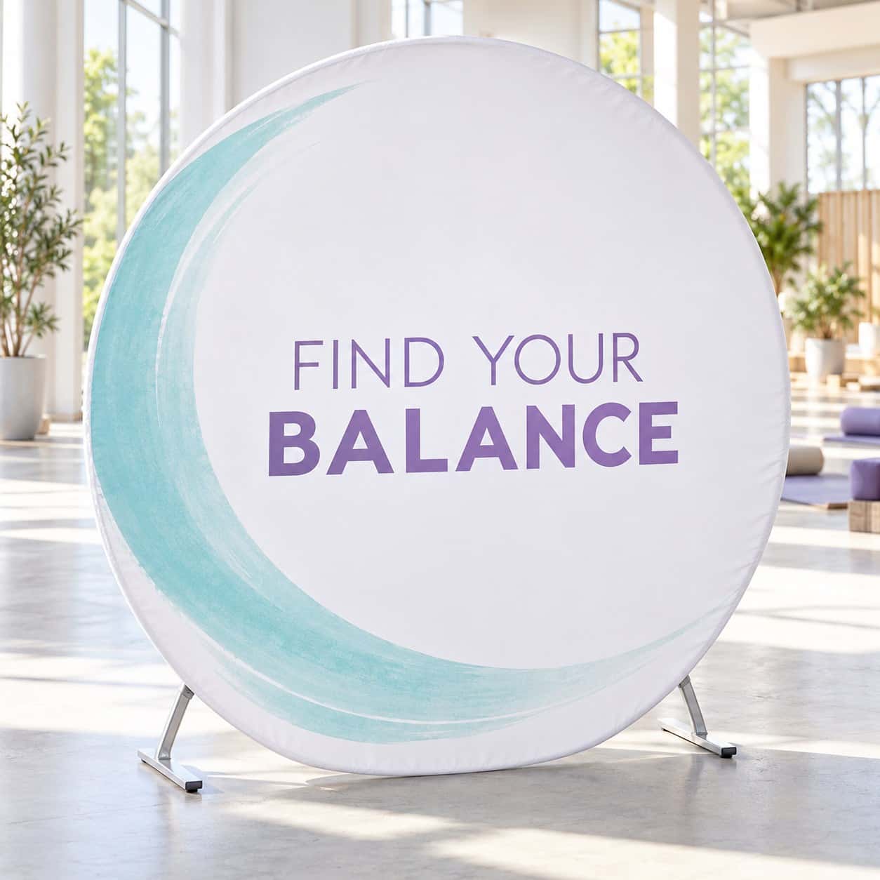 Fabric Hoop / Circle Banner shown with wellness and fitness event artwork.