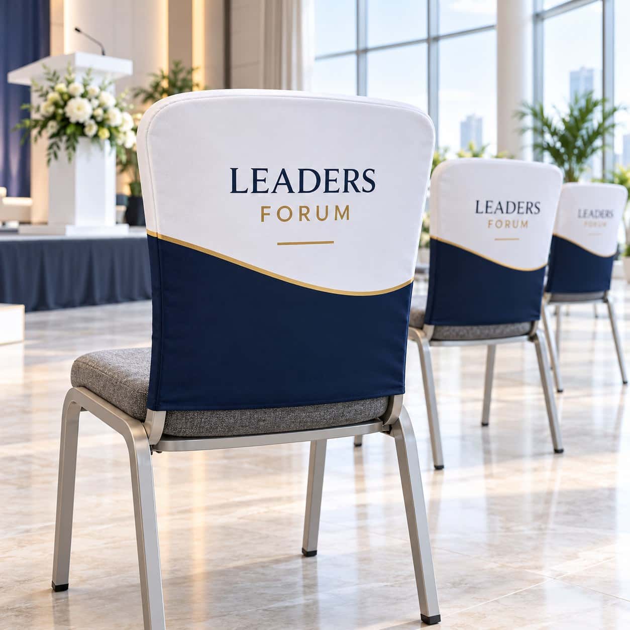 Chair Banners & Seat Covers shown with professional services event artwork.