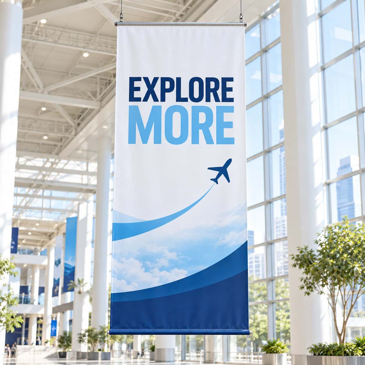 Ceiling-Hung Banner shown with aviation and travel event artwork.