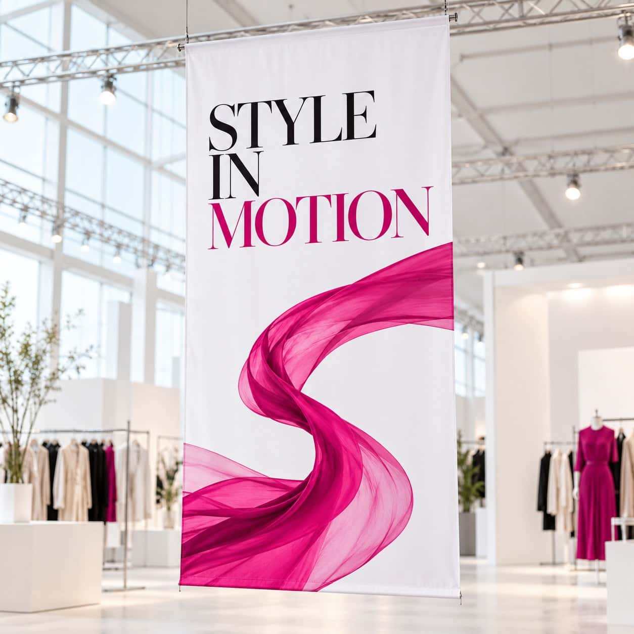 Fabric Hanging Banner shown with fashion and textiles event artwork.