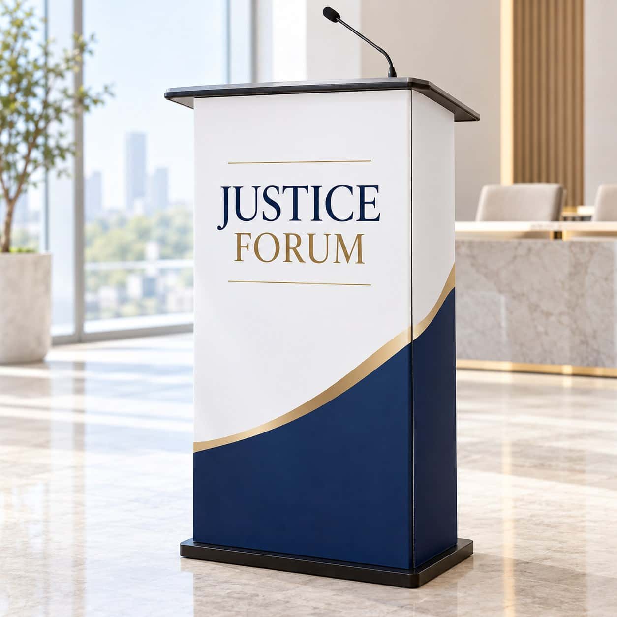 Counter & Podium Wrap shown with legal and professional services event artwork.