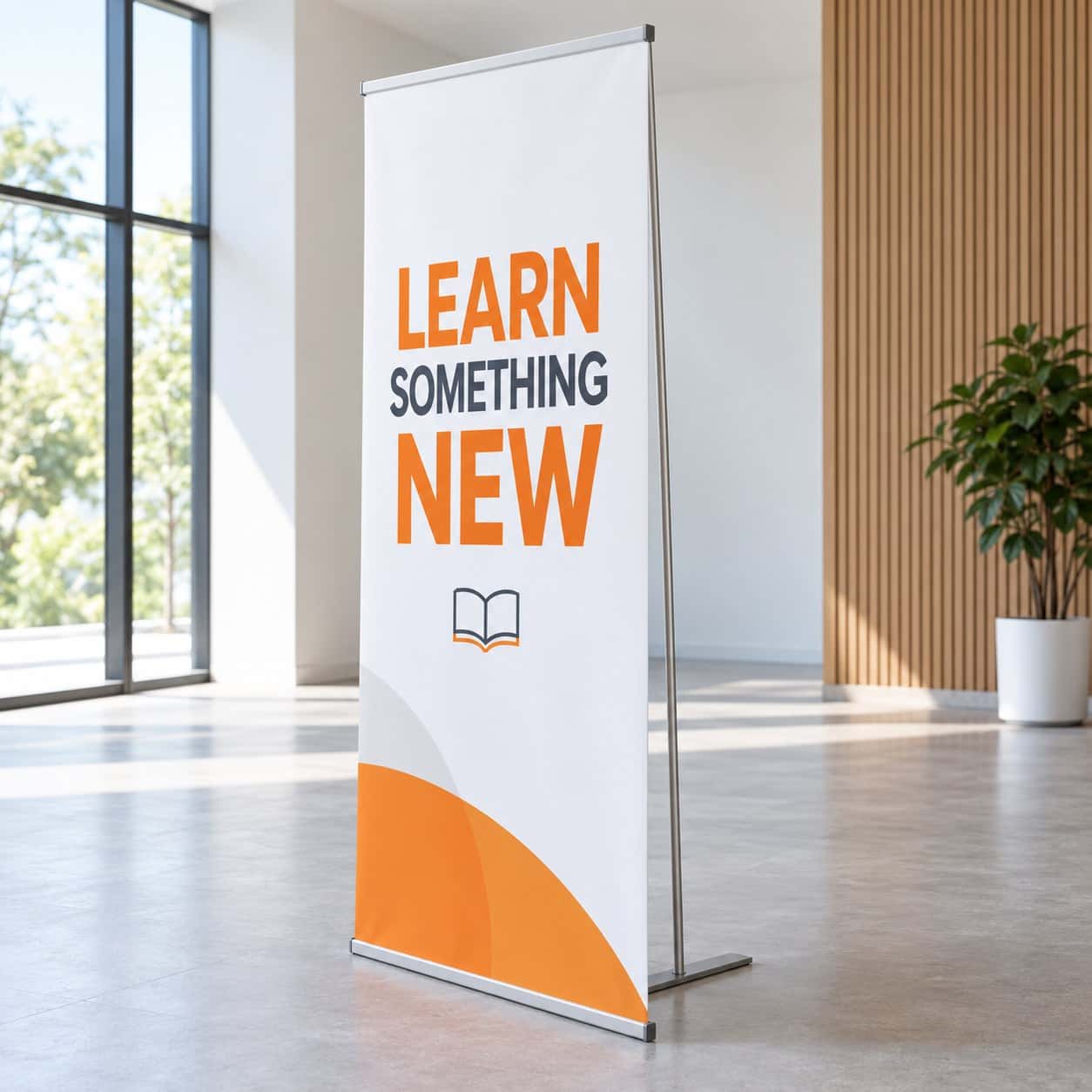L-Banner Stand shown with training and business education event artwork.