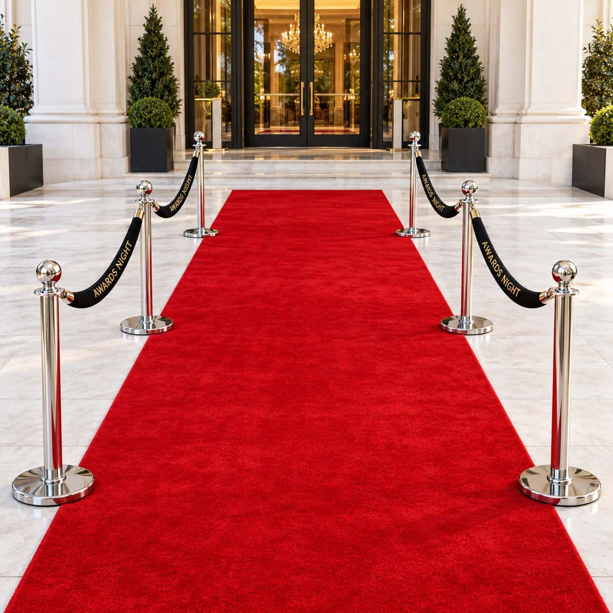 Red Carpet & Stanchion Branding shown with awards and film events event artwork.